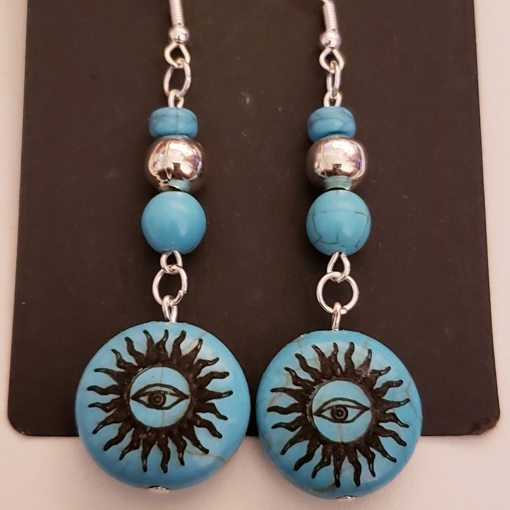Handmade Boho Celestial Turquoise Eye Sun Dangle Earrings